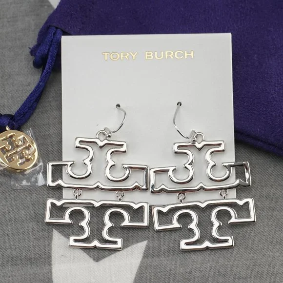NEW Tory Burch Britten Hinged Dangle Statement Earrings in Silver Polished - Picture 1 of 5